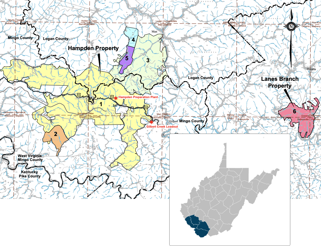 Map of the ARI Project — Hampden and Lanes Branch properties in southern West Virginia