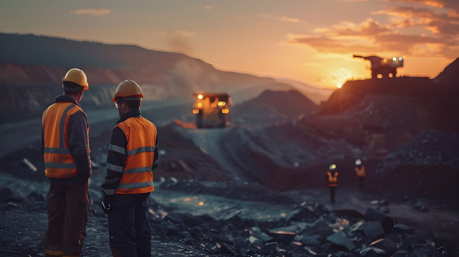 Clinch Resources mining team overlooking a West Virginia surface met-coal operation at sunset